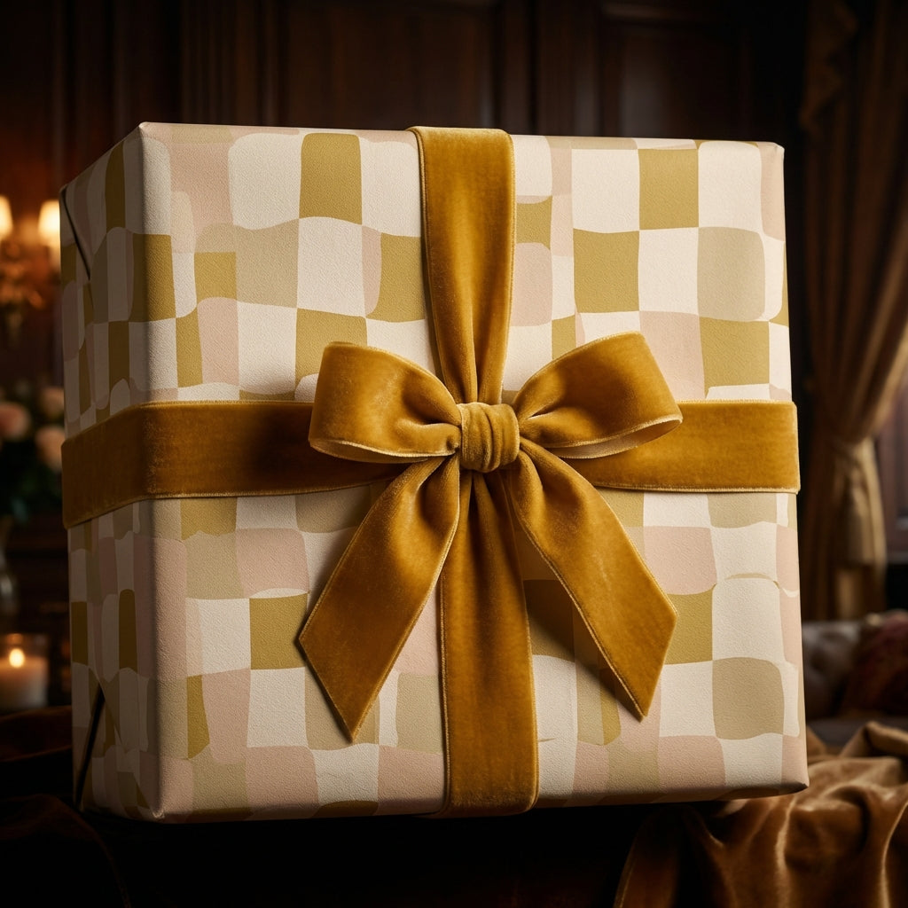 Luxurious gift box wrapped in modern gold and beige checkered paper with a large velvet ribbon bow.