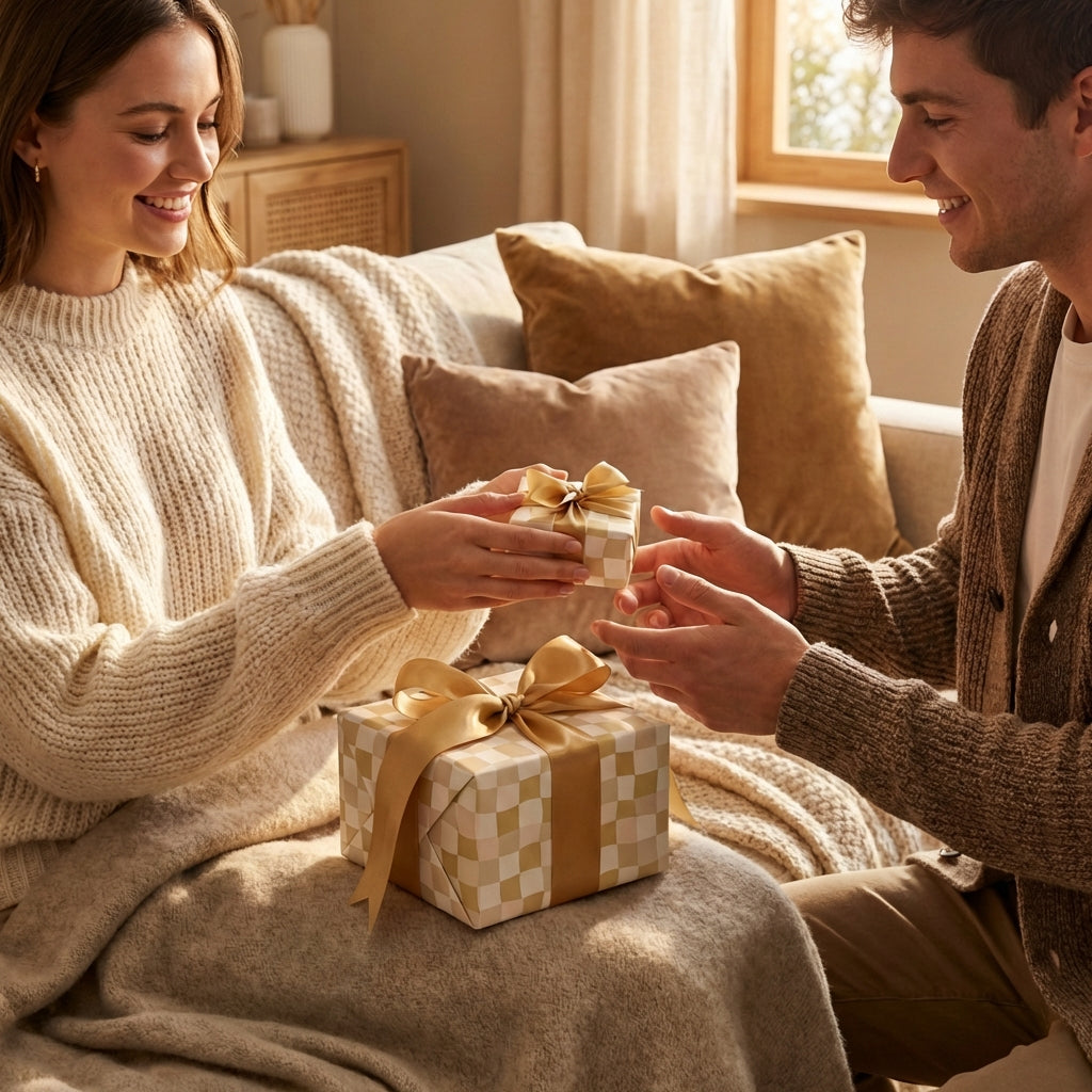 Elegant beige and white checkered wrapping paper with a gold ribbon bow, being exchanged by a happy couple in a cozy home.