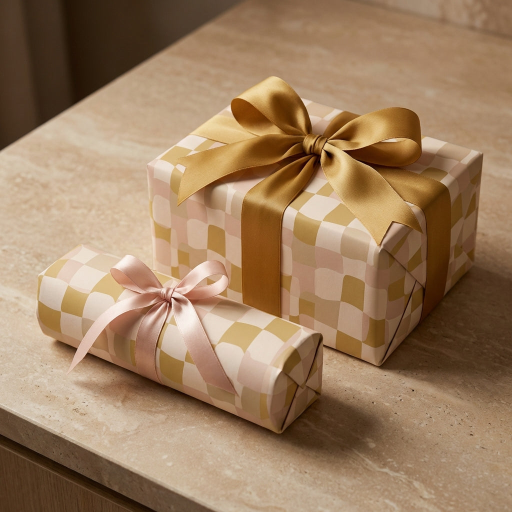 Modern luxury gift wrap in a gold and pink wavy checkered pattern, shown with elegant satin bows on two different shaped presents.