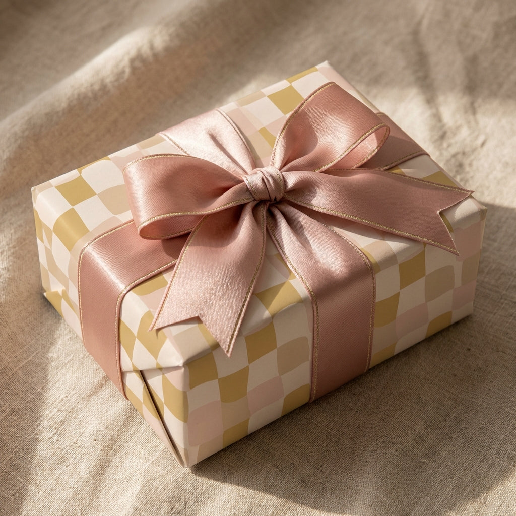 Modern checkered wrapping paper in muted pink and mustard tones, tied with a large luxury satin bow.