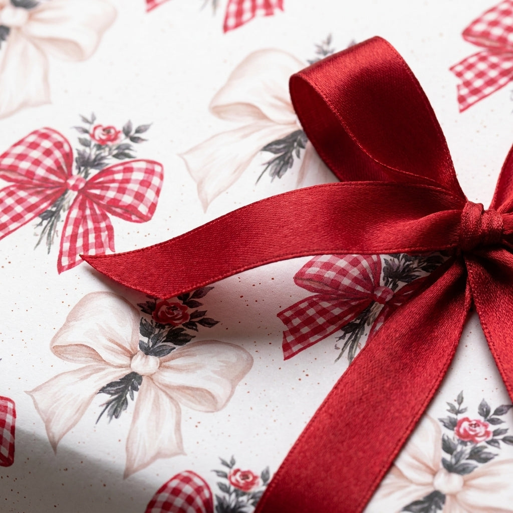 Elegant Christmas gift wrap with red bow pattern and satin ribbon by Wrapped Studios.