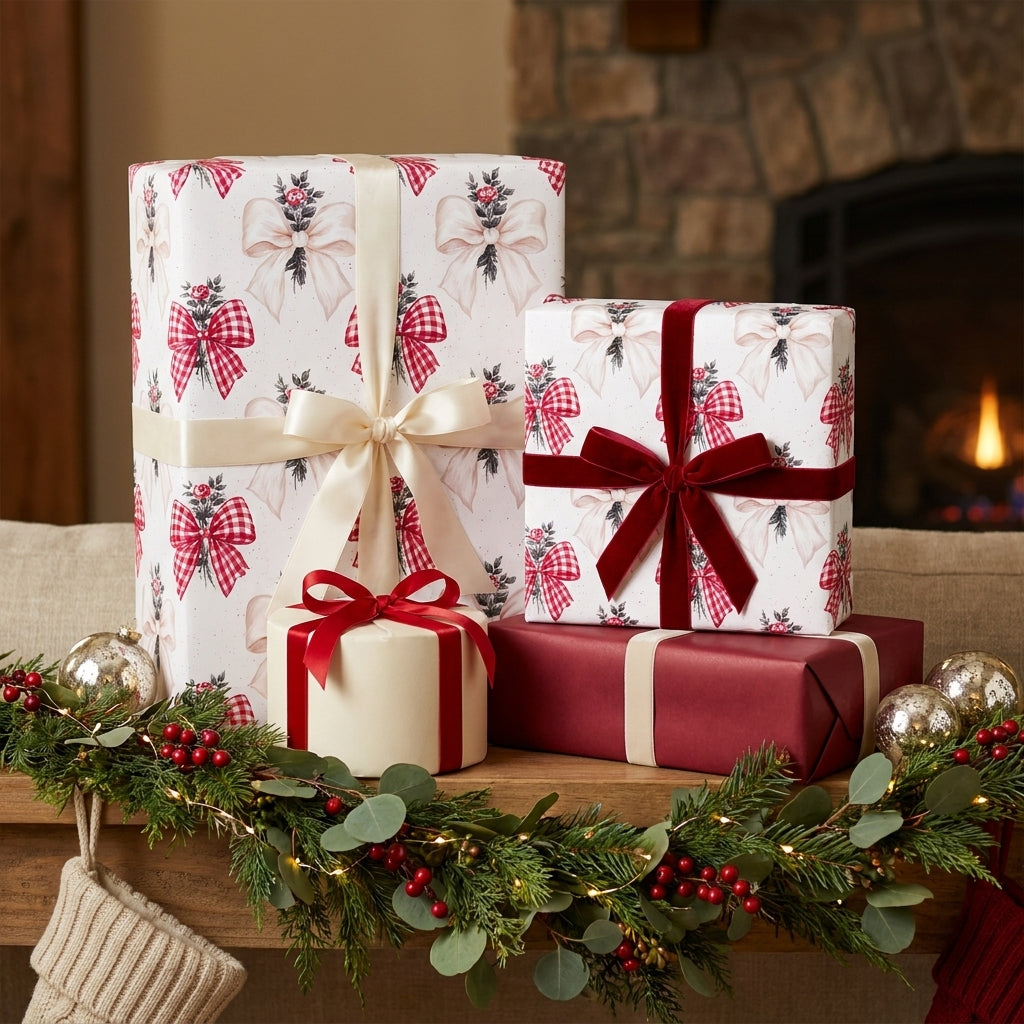 Vintage Christmas wrapping paper with red bow patterns on gifts by a cozy fireplace. Wrapped Studios.