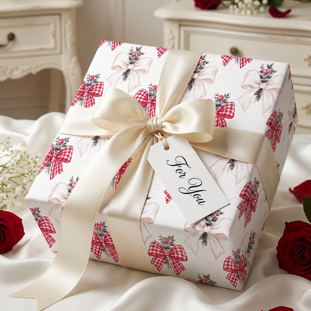 Elegant coquette bow wrapping paper on a luxury gift box with cream satin ribbon by Wrapped Studios.