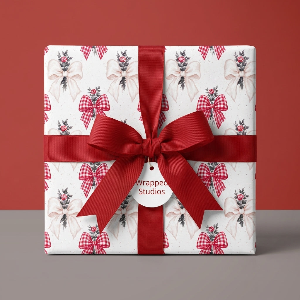 Christmas wrapping paper with red bow pattern, tied with a red ribbon on a gift box by Wrapped Studios.