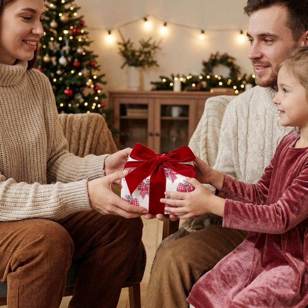 Family exchanging Christmas present in luxury red bow gift wrap with velvet ribbon. Wrapped Studios.