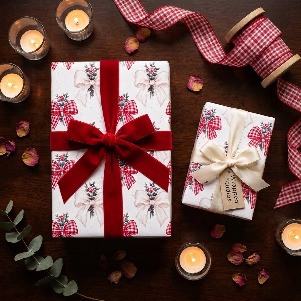 Vintage Christmas wrapping paper with red bows and velvet ribbon by Wrapped Studios.