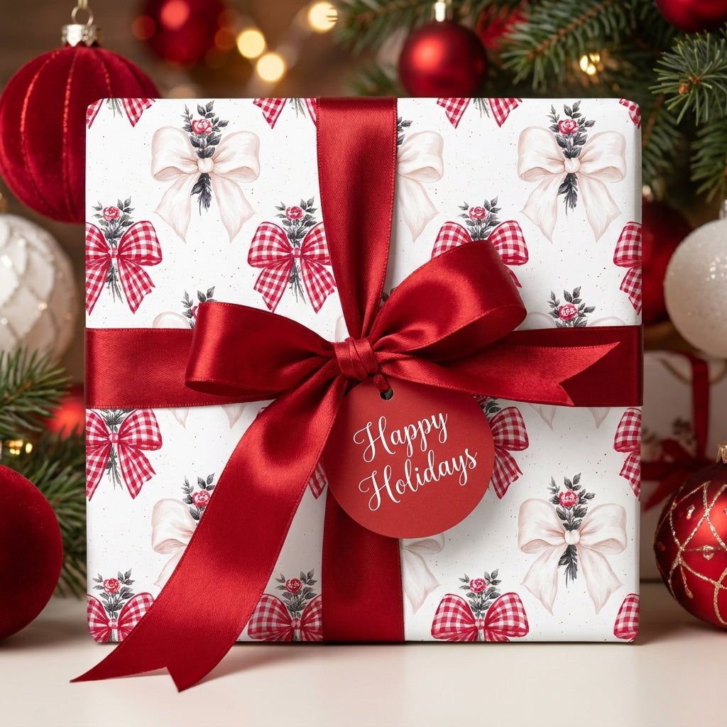 Christmas gift wrap with red bow pattern, satin ribbon, and holiday tag by Wrapped Studios.