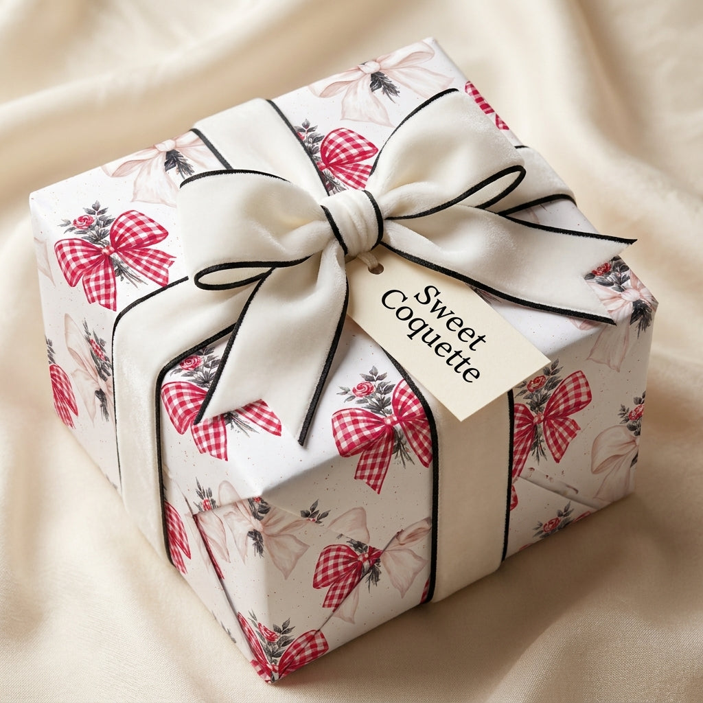 Coquette wrapping paper with red bows and luxury cream velvet ribbon on a gift box by Wrapped Studios.