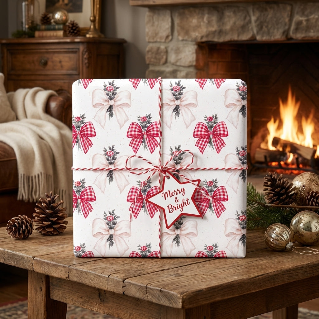 Cozy red bow holiday gift wrap on a present by a fireplace. Christmas wrapping paper by Wrapped Studios.