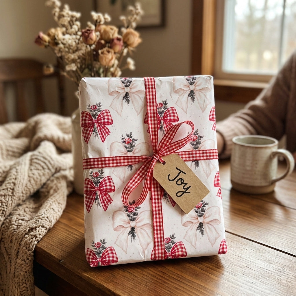 Christmas wrapping paper with vintage bow pattern and red gingham ribbon by Wrapped Studios.