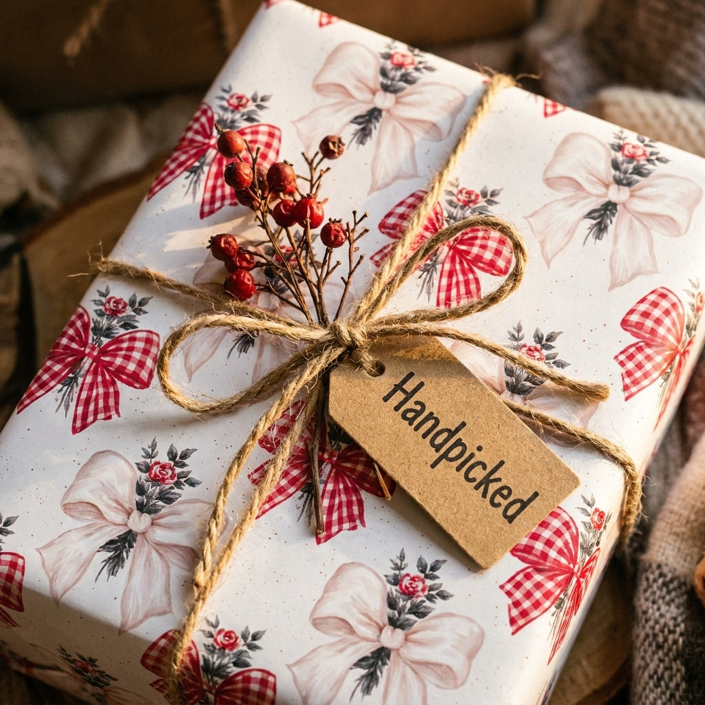 Vintage bow pattern Christmas wrapping paper with rustic twine by Wrapped Studios.