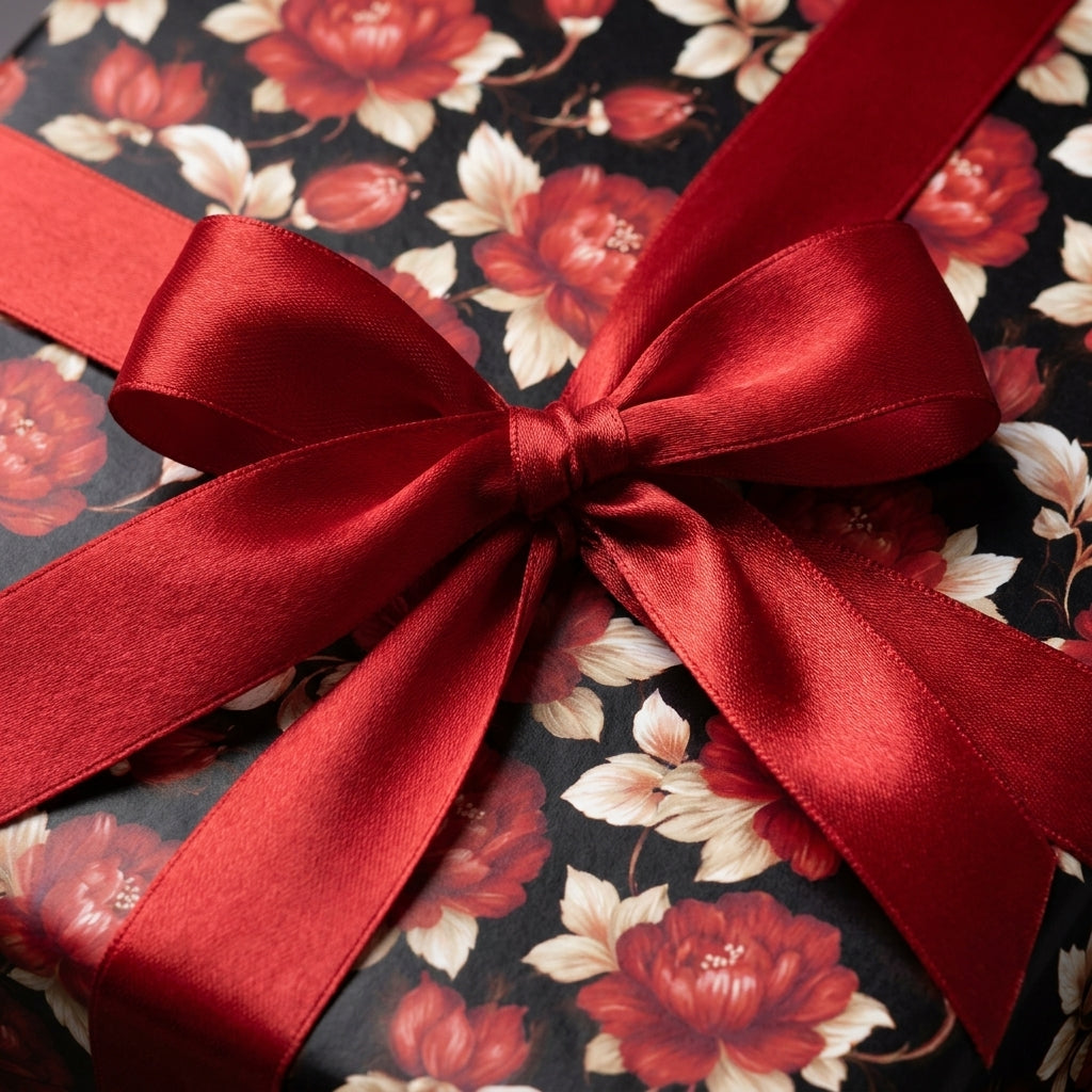 Luxury dark floral wrapping paper with a red satin bow on a gift box, by Wrapped Studios.