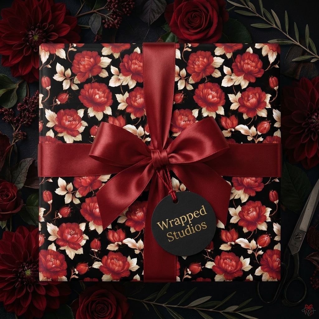 Elegant vintage floral wrapping paper with red roses and a burgundy satin bow by Wrapped Studios.