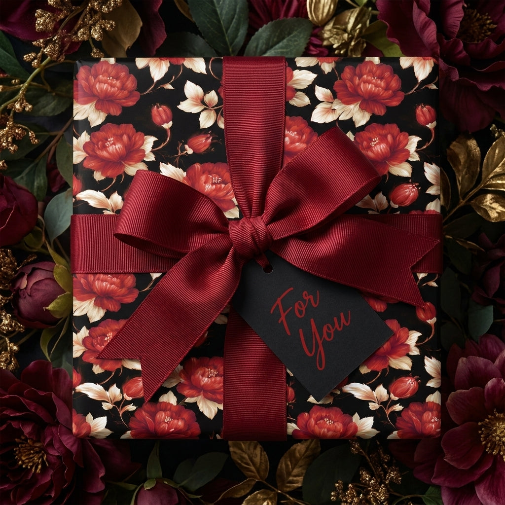 Luxury dark floral gift wrap by Wrapped Studios, featuring red roses, a burgundy ribbon bow, and a gift tag.