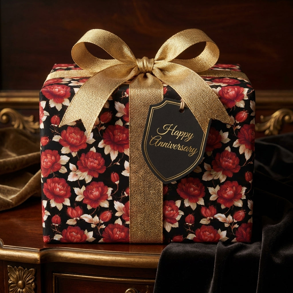 Luxury floral gift wrap with red roses, gold bow, and Happy Anniversary tag by Wrapped Studios.