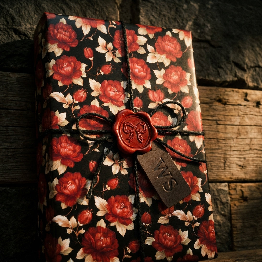 Luxury vintage floral wrapping paper with red roses, twine, and wax seal by Wrapped Studios.