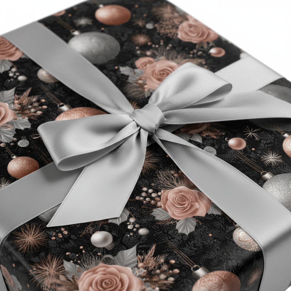 Luxury Christmas wrapping paper with rose gold and silver floral ornaments, tied with a elegant silver ribbon bow for holiday gifts.