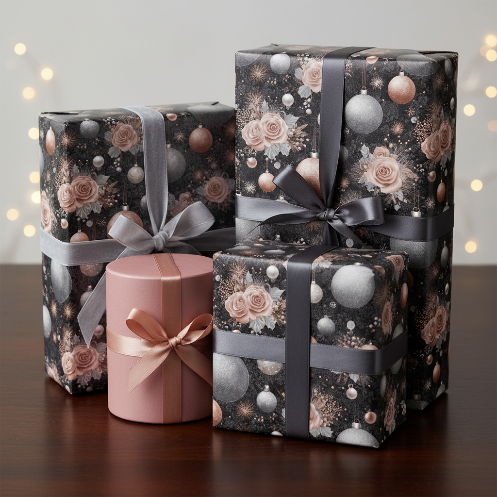 Luxury Christmas gift wrap with a dark floral and ornament pattern, tied with elegant grey and rose gold ribbons on a wooden table.