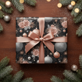 Luxury Christmas wrapping paper with a dark floral and ornament pattern, tied with a rose gold satin bow, surrounded by frosted pine branches.