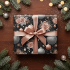 Luxury Christmas wrapping paper with a dark floral and ornament pattern, tied with a rose gold satin bow, surrounded by frosted pine branches.