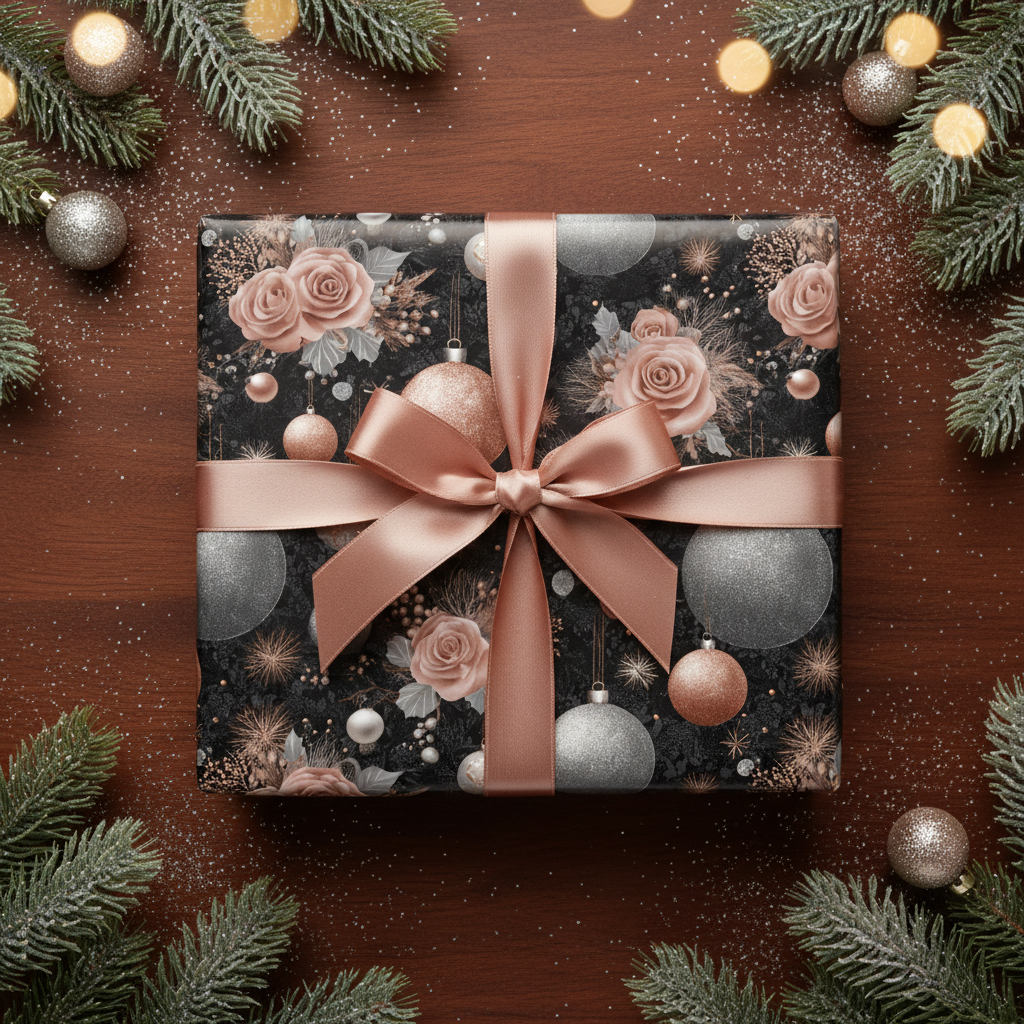 Luxury Christmas wrapping paper with a dark floral and ornament pattern, tied with a rose gold satin bow, surrounded by frosted pine branches.