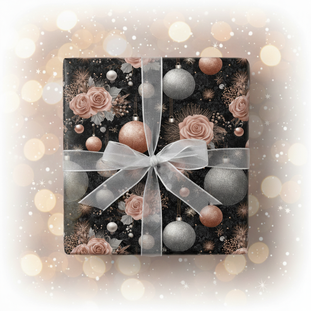 Luxury Christmas wrapping paper with rose gold and silver ornaments, pink roses, and a sheer white ribbon bow.