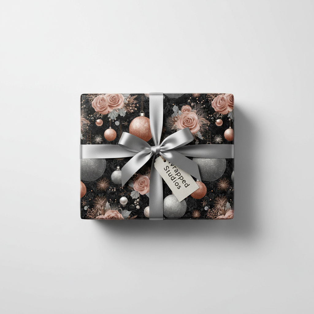 Luxury Christmas gift wrap with rose gold floral and silver ornament pattern, tied with a silver bow and gift tag.