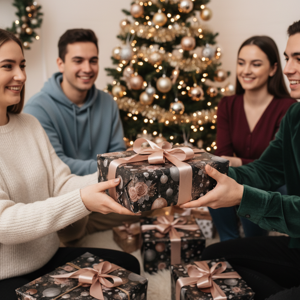 Friends exchange elegant dark floral Christmas gifts with rose gold ribbons by a festive tree.