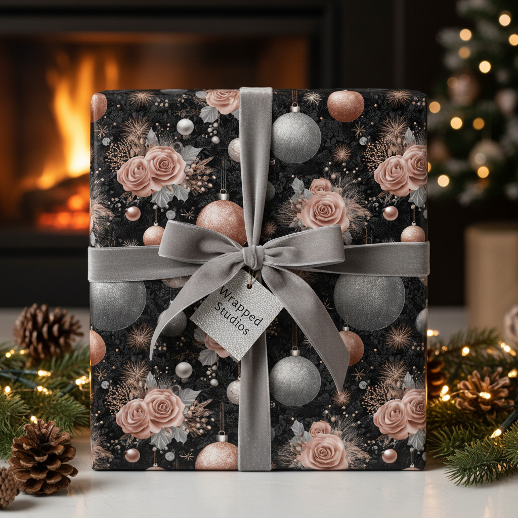 Luxury Christmas gift wrap in black with rose gold floral and silver ornament pattern, tied with a gray velvet ribbon.