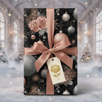Elegant black and rose gold floral Christmas wrapping paper with silver ornaments, tied with a satin ribbon and a rose gift tag.