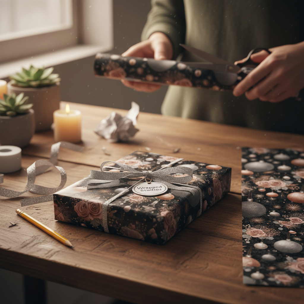 Luxury Christmas gift wrap with a dark floral and ornament pattern, silver ribbon, and "Wrapped Studios" tag being prepared on a rustic wooden table.