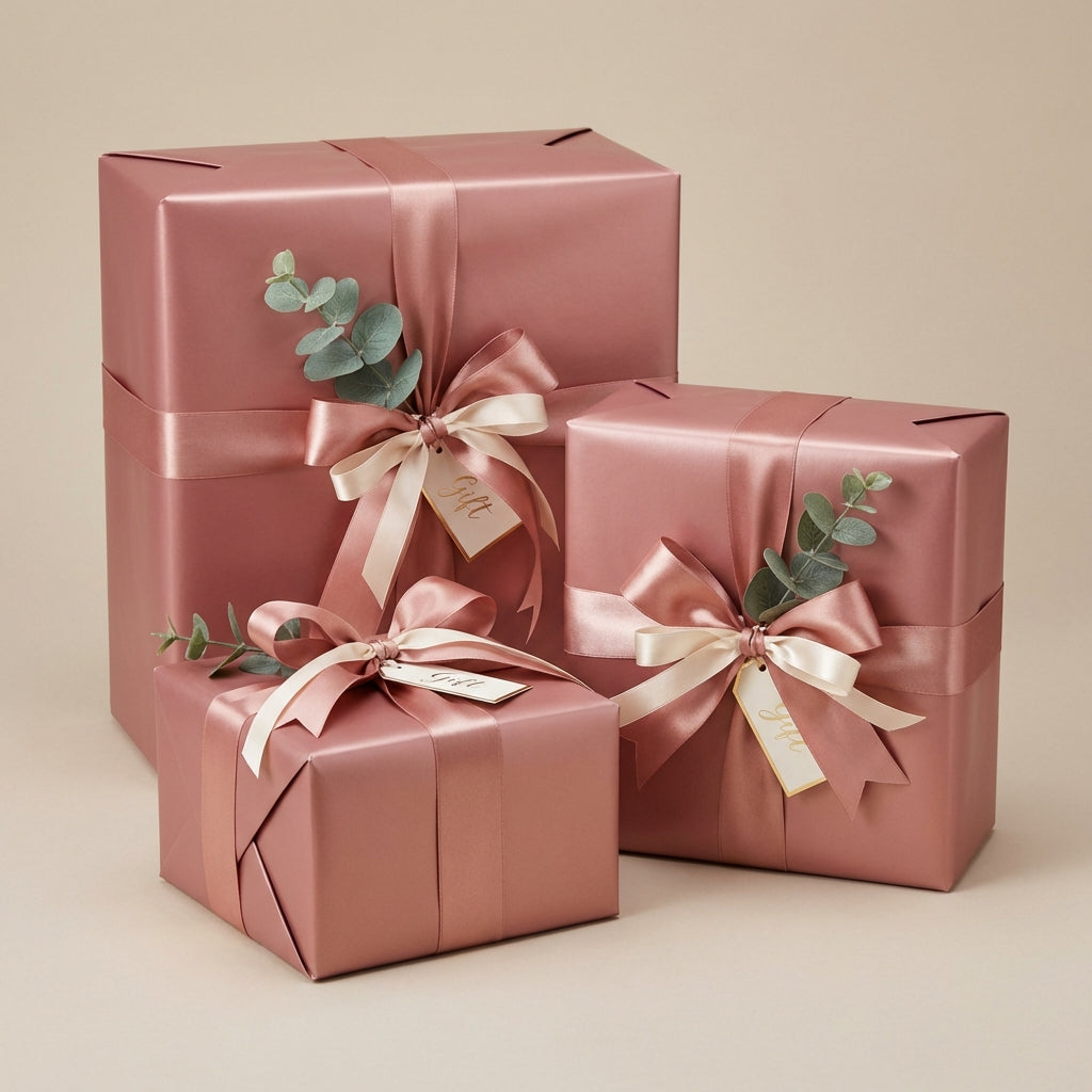 Elegant gifts wrapped in solid rose gold wrapping paper with satin ribbon and gift tags.