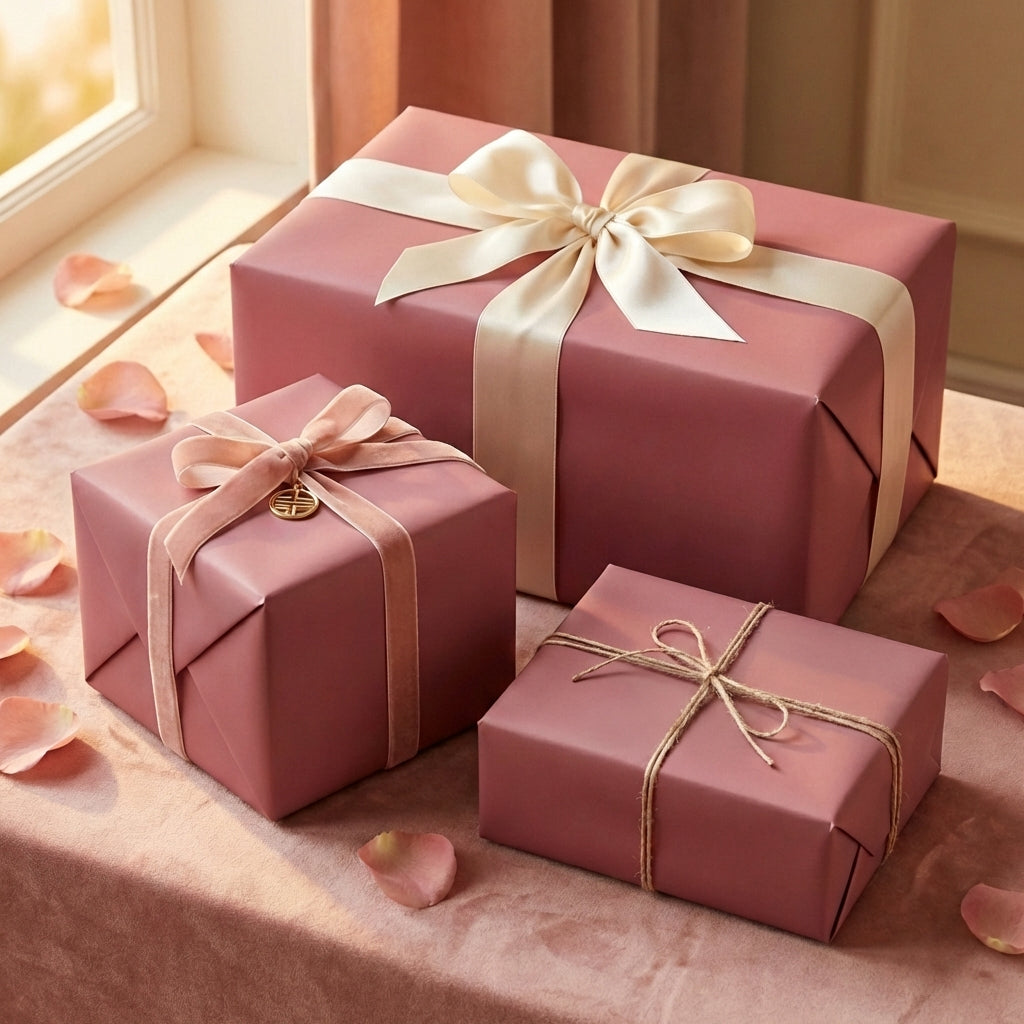 Elegant mauve gift boxes with satin and velvet ribbons, perfect solid color wrapping paper for birthdays or weddings.