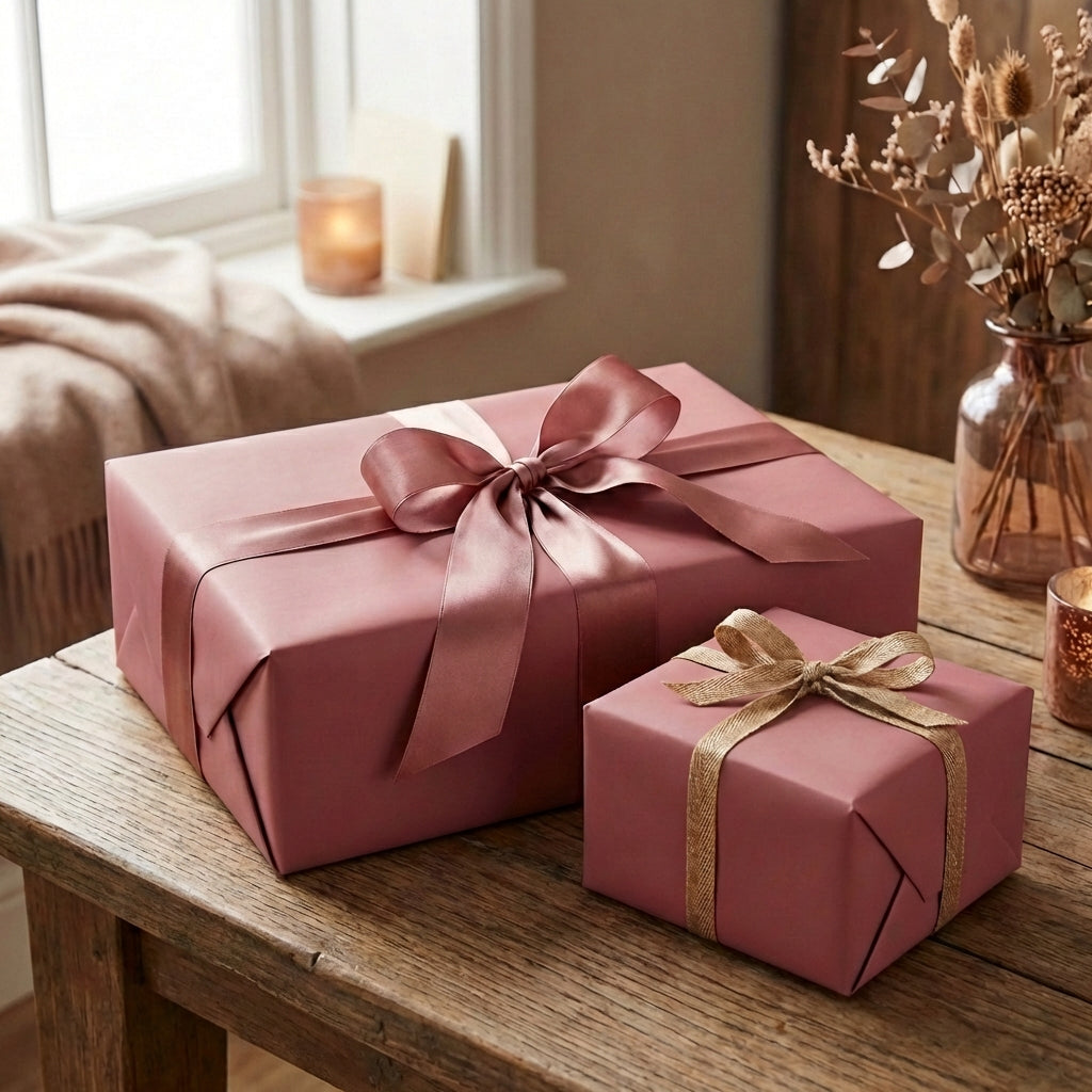 Two gifts wrapped in solid rose wrapping paper with satin ribbons on a wooden table.