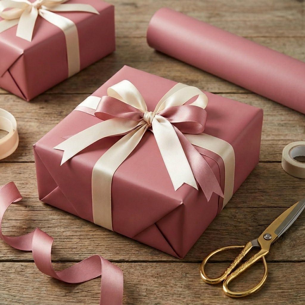 Elegant mauve wrapping paper and ribbon on gifts for birthdays, baby showers, or weddings.