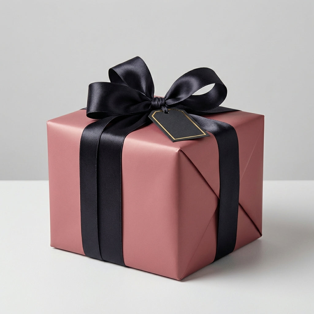 Elegant gift wrapping: Solid blush wrapping paper with black satin ribbon bow and blank tag.