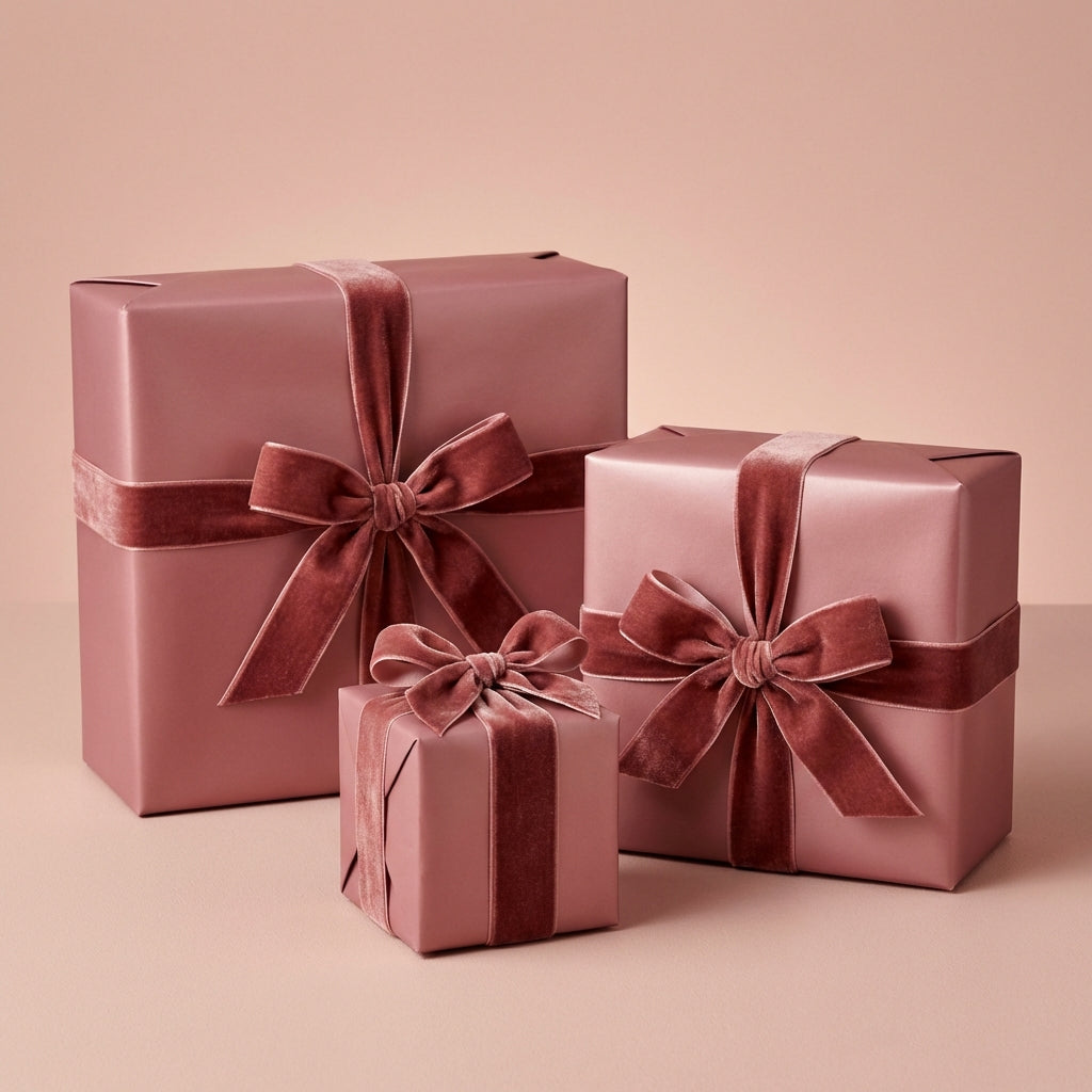 Elegant rose gold wrapping paper with velvet ribbon on gifts for birthday, wedding, or special occasion.