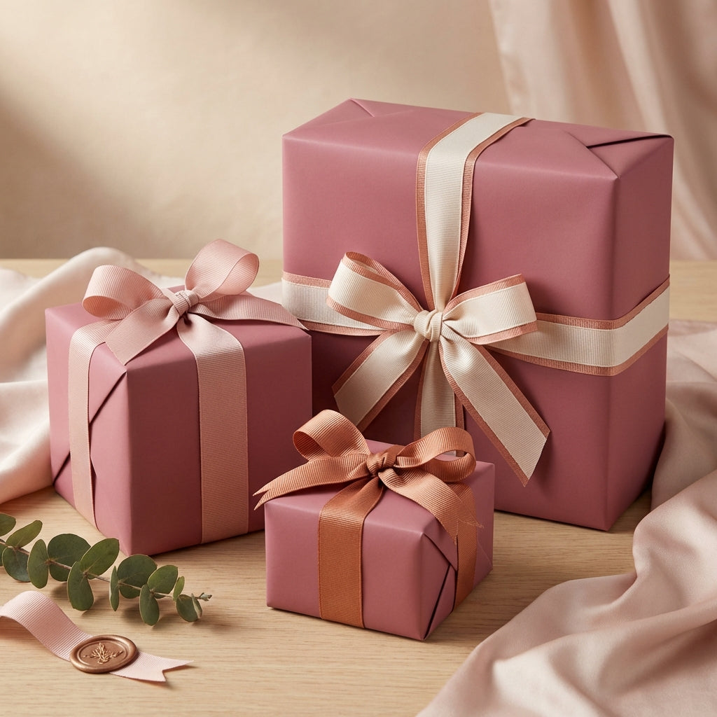 Elegant mauve gift wrapping paper with satin ribbons and bows for birthdays and special occasions.