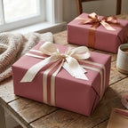 Elegant mauve gift wrap with satin ribbon bows, ideal for birthdays, weddings, or sophisticated presents.