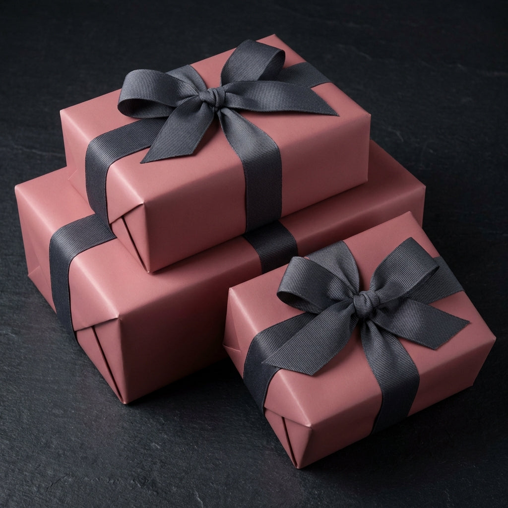 Elegant rose pink wrapping paper with gray ribbon bow on stacked gift boxes for birthday or wedding presents.