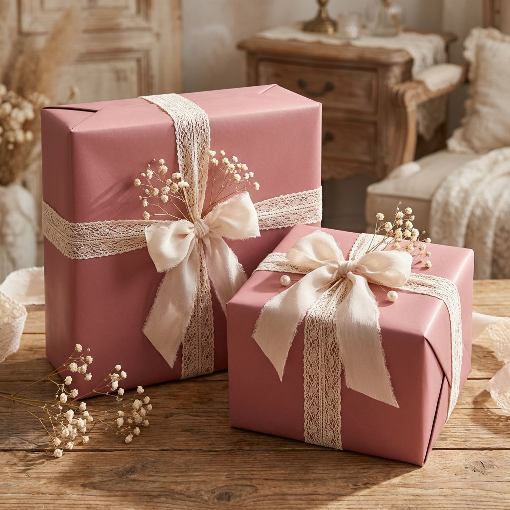 Elegant blush pink wrapping paper with lace ribbon and cream bow for birthday, wedding, or shower gifts.