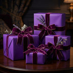 Elegant purple gift boxes wrapped with velvet ribbons and lavender sprigs for birthdays or special occasions.