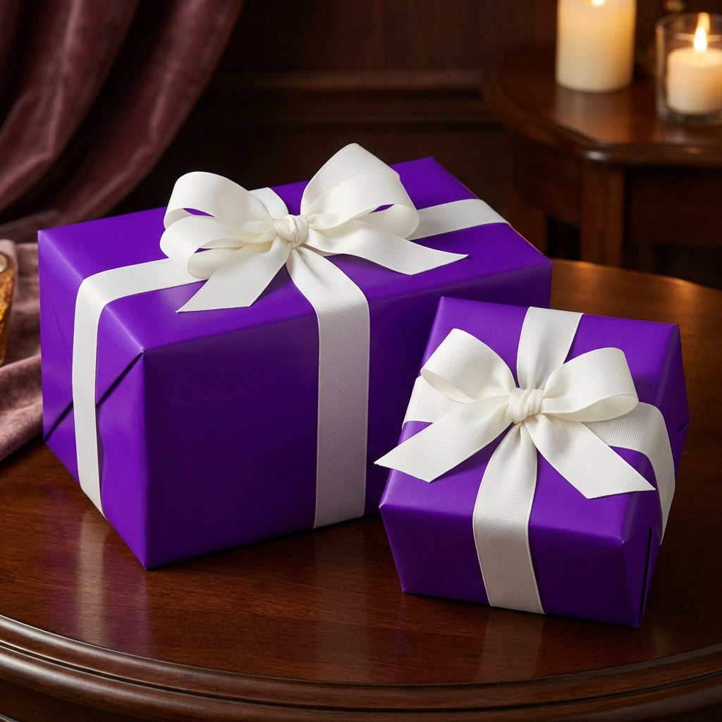 Two gifts wrapped in purple wrapping paper with white ribbon bows for birthdays, weddings, or special occasions.