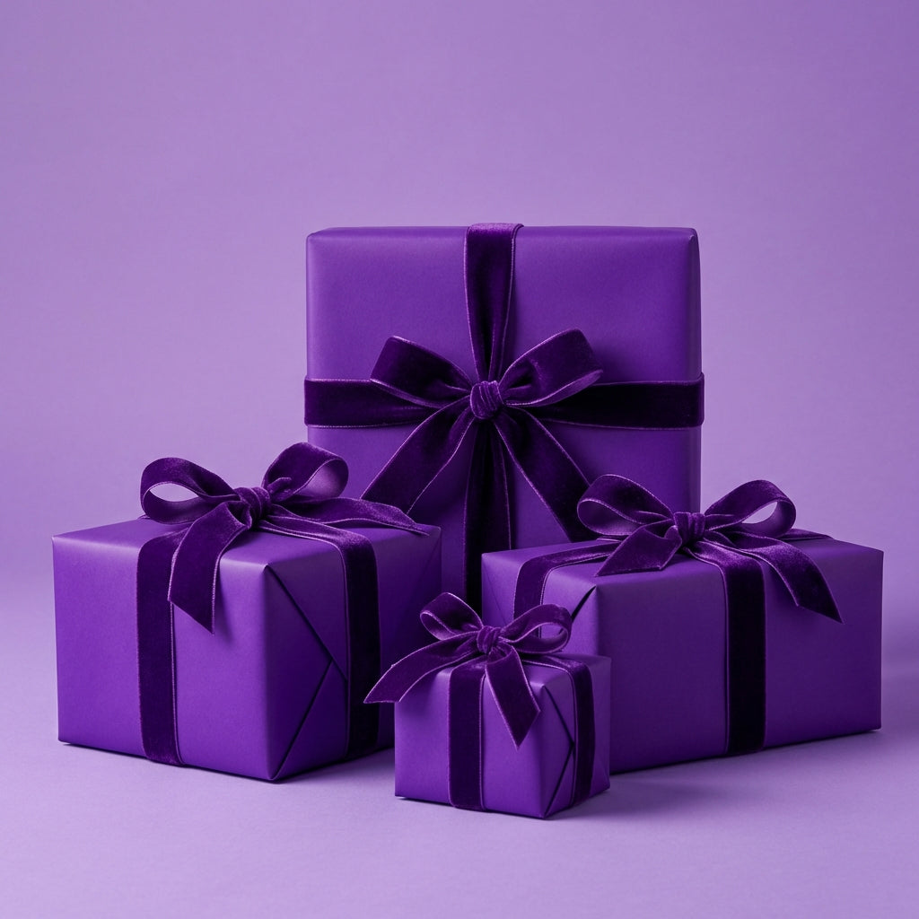 Elegant purple gift boxes wrapped in solid color paper with velvet ribbon bows for birthdays or special occasions.