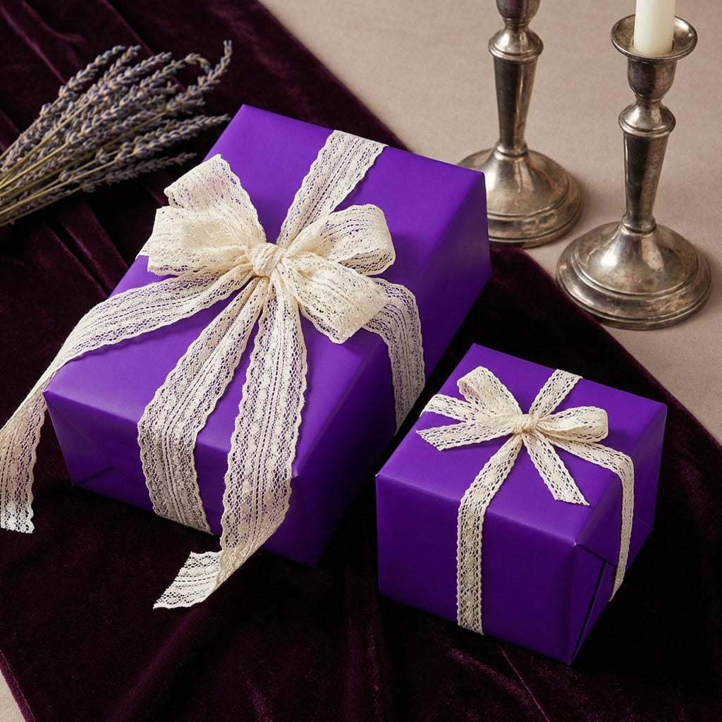 Elegant purple gift wrap with delicate lace ribbon, perfect for birthdays or special occasions.