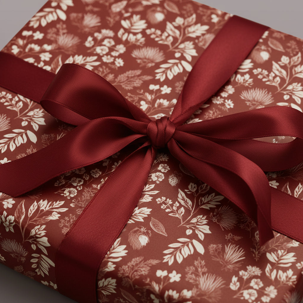 Elegant gift wrapped in floral wrapping paper with a luxurious burgundy ribbon bow.