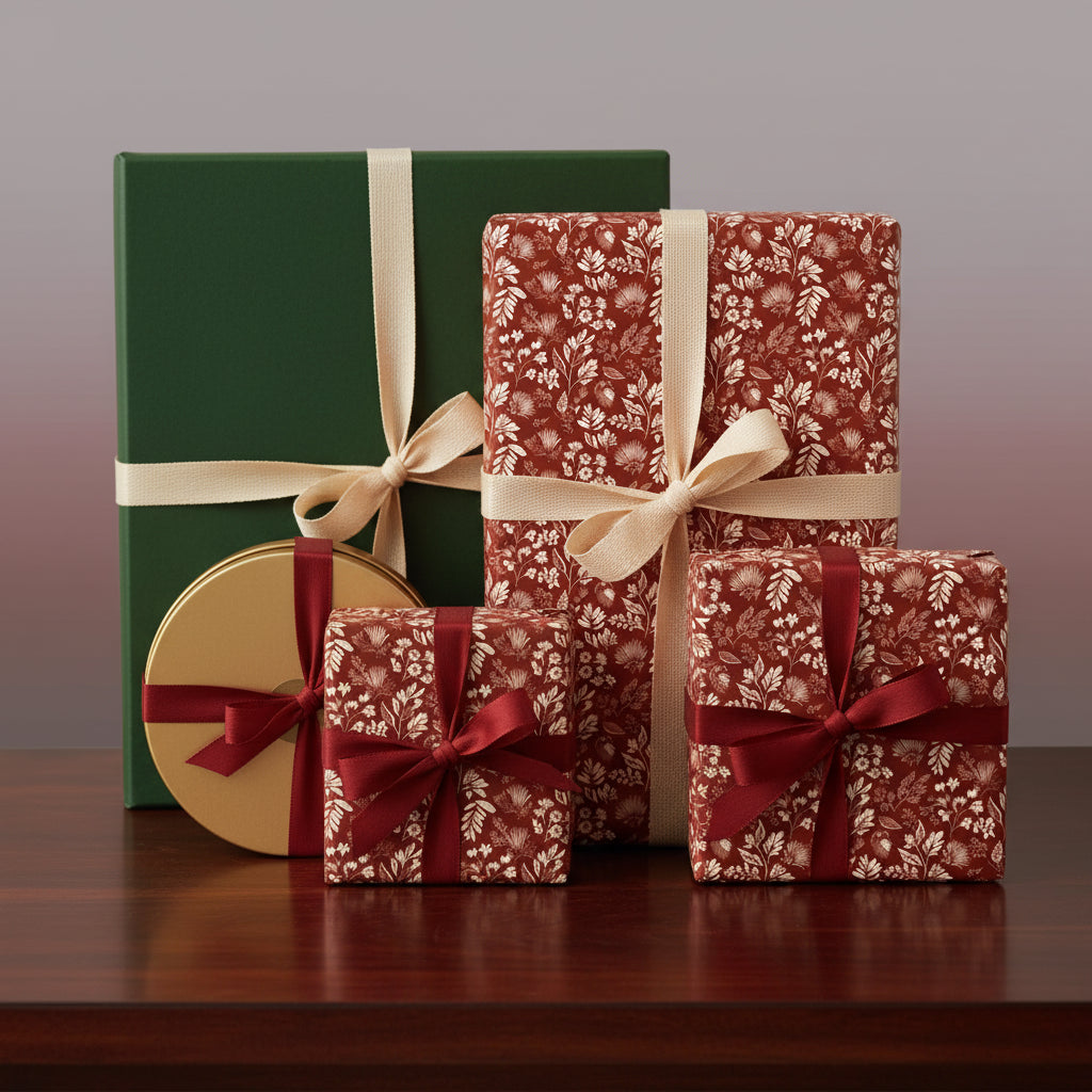 Elegant gifts wrapped in floral print wrapping paper with ribbon bows, ideal for birthdays or special occasions.