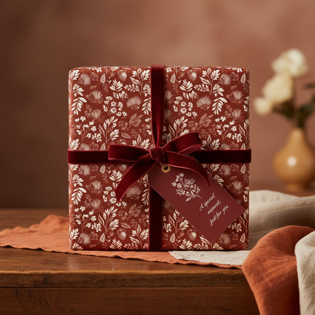 Elegant gift wrapped in floral wrapping paper with a velvet ribbon and gift tag, perfect for a birthday or special occasion.