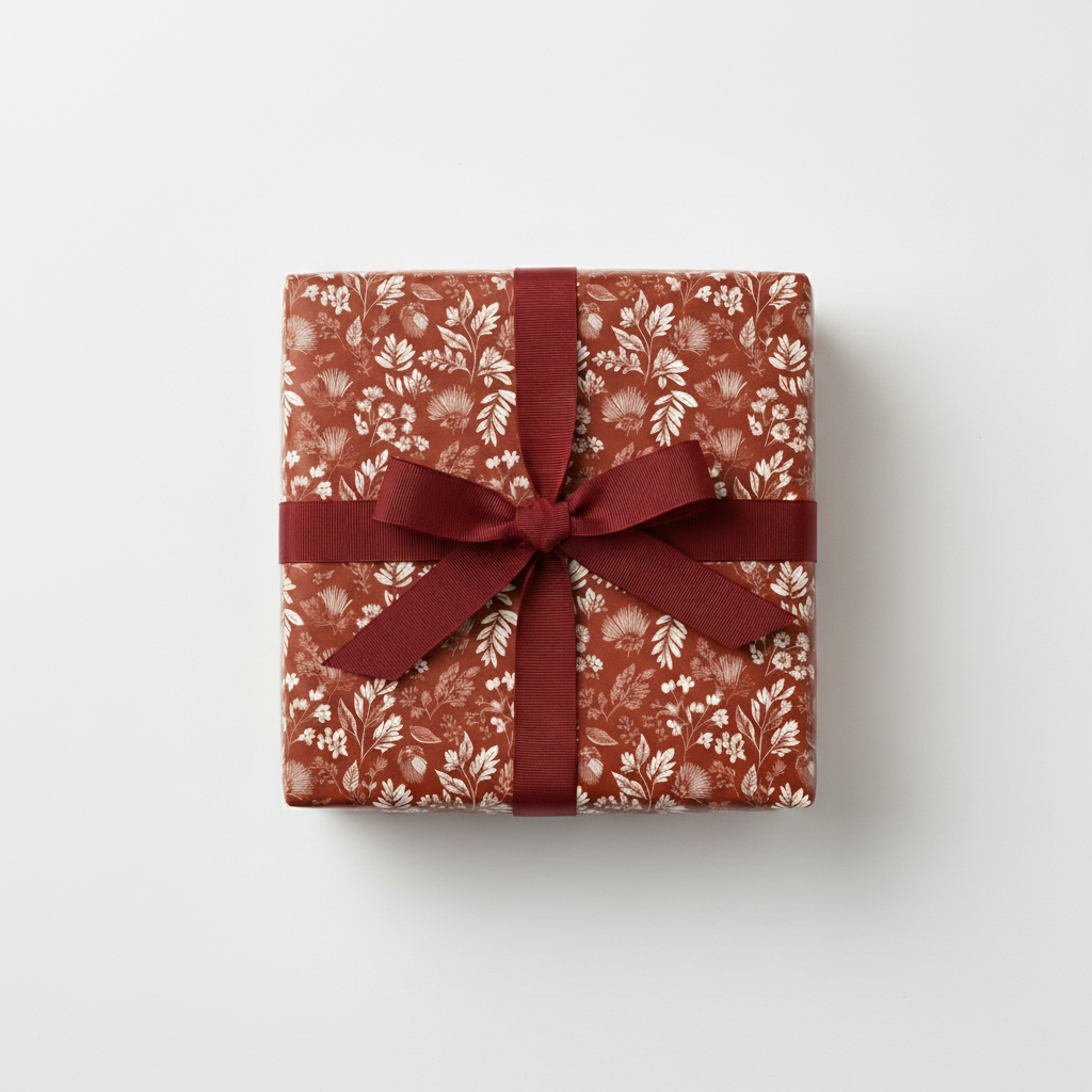 Square gift wrapped in floral wrapping paper with a burgundy ribbon and bow.