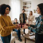 Woman exchanging a gift wrapped in patterned holiday wrapping paper with a velvet ribbon.